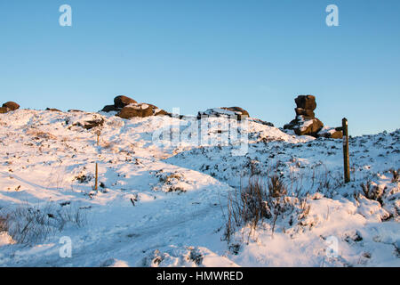 Snow on Ramshaw Rocks in the Staffordshire Moorlands, UK Stock Photo