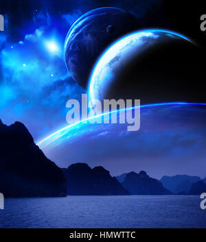 Landscape in fantasy planet. Sea, mountains, planets and nebula. Elements of this image furnished by NASA. 3d render Stock Photo