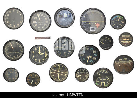 Retro indicators on control panel in a war plane cockpit. Objects isolated on white background Stock Photo