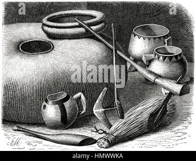 Household Items, Southern Africa, Illustration from the book, 'Volkerkunde' by Dr. Fredrich Ratzel, Bibliographisches Institut, Leipzig, 1885 Stock Photo