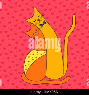 Loving cat couple on the seamless pink background with many red hearts, Valentine vector illustration Stock Vector