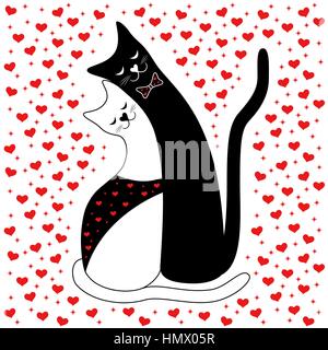 Loving couple of cats on the white background with many red hearts, Valentine vector illustration Stock Vector
