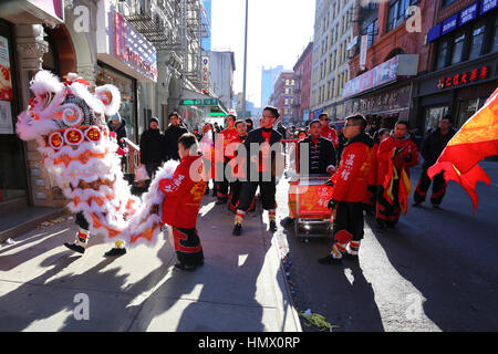 New York, USA. 04th Feb, 2017. New York Chinatown celebrating the Lunar New Year, Year of the Rooster with Lion Dances, Dragon dances, and a big parade. Credit: Robert K. Chin/Pacific Press/Alamy Live News Stock Photo