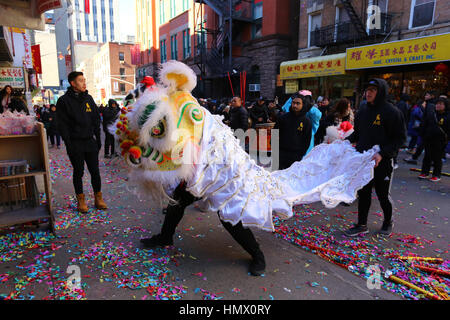 New York, USA. 04th Feb, 2017. New York Chinatown celebrating the Lunar New Year, Year of the Rooster with Lion Dances, Dragon dances, and a big parade. Credit: Robert K. Chin/Pacific Press/Alamy Live News Stock Photo