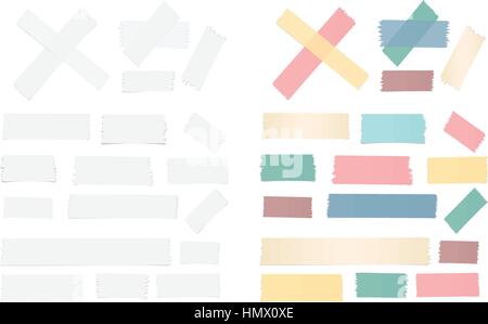 Set of different size, colorful sticky paper, adhesive, masking tape are on white background Stock Vector