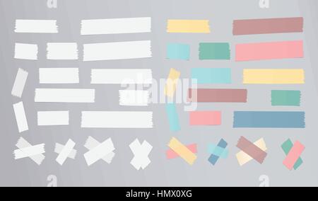 Set of different size, colorful sticky paper, adhesive, masking tape are on gray background Stock Vector