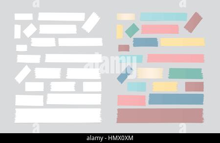 Set of different size, colorful and white sticky paper, adhesive, masking tape are on gray background Stock Vector