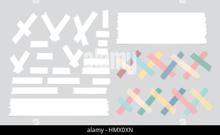 Set of different size, colorful and white sticky paper, adhesive, masking tape are on gray background Stock Vector