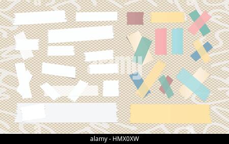 Sticky adhesive paper strips, masking tape, stuck on brown squared background with alphabet letters Stock Vector