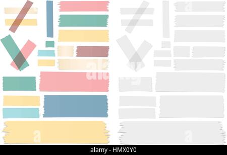 Set of different size, colorful sticky paper, adhesive, masking tape are on white background Stock Vector