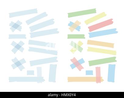 Set of different size, colorful sticky paper, adhesive, masking tape are on white background Stock Vector