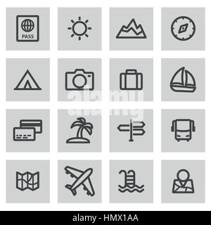 Vector line travel icons set on grey background Stock Vector