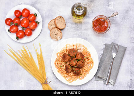 Spaghetti with tomato sauce and meatballs, top view Stock Photo