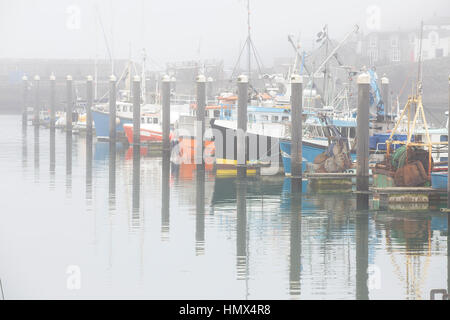 Mixed fishing and pleasure boats on a misty morning in Newlyn Harbour, Cornwall, England, UK. Stock Photo