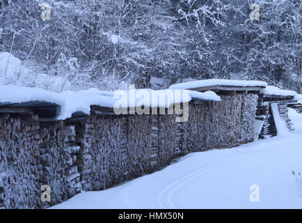 Stacks of firewood for sale covered in snow. Sixt, Samoens Haut-Savoie, France Stock Photo