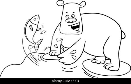 Black and White Cartoon Illustration of Bear Catching Fish in the River Coloring Page Stock Vector