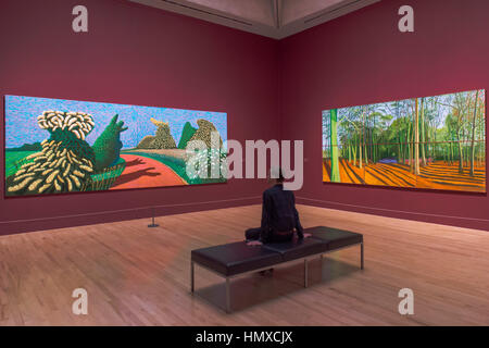 Tate Britain, London, UK. 6th Feb, 2017. May Blossom on the Roman Road, 2009 - David Hockney, a major new retrospective, at Tate Britain's. It includes more than 200 works and celebrates Hockney's achievement in painting, drawing, print, photography and video. As he approaches his 80th birthday, this exhibition offers an unprecedented overview of the artist's 60-year career. It runs from 9 Feb to 29 May 2017. London 06 Feb 2017. Credit: Guy Bell/Alamy Live News Stock Photo