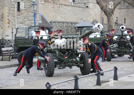 London,UK. 6th Feb, 2017. Honourable Artillery Company fires a 62 round gun salute from Gun Wharf on the occasion of the 65th anniversary of HM The Queen's Accession to the Throne. Photo Credit: SANDRA ROWSE/Alamy Live News Stock Photo