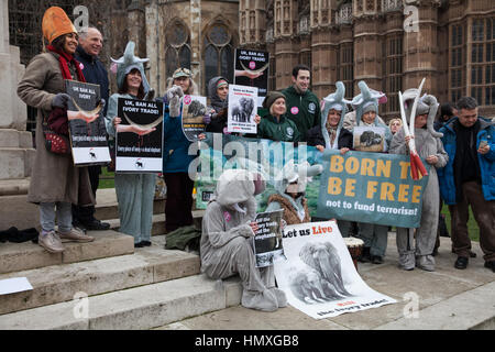 London, UK. 6th February, 2017. Animal rights campaigners, some of whom dressed as elephants, take part in a peaceful gathering outside Parliament to support the debate on the UK ivory ban. Credit: Mark Kerrison/Alamy Live News Stock Photo