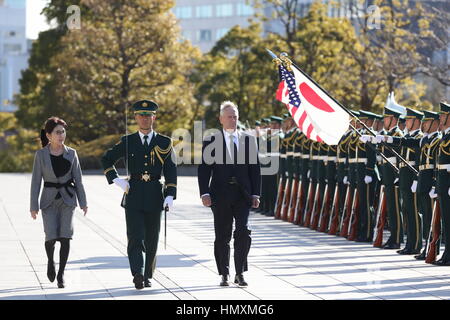 Minister of Defense Tomomi Inada inspects with US Defense Secretary James Mattis at The Ministry Defense of Japan, Tokyo Japan on 04 Feb 2017. (Photo by Motoo Naka/AFLO) Stock Photo