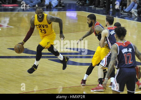 Washington, USA. 07th Feb, 2017. Cleveland Cavaliers forward LeBron James, left, dribbles the ball during an NBA basketball game against Washington Wizards in Washington, USA, February 6, 2017. Credit: David Svab/CTK Photo/Alamy Live News Stock Photo