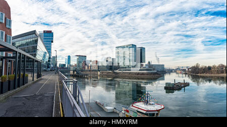 DUESSELDORF, GERMANY - JANUARY 20, 2017: Panorama view into New Media Harbor with the Hyatt Regency hotel and the Focus Düsseldorf Office Stock Photo