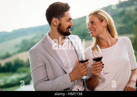 People sampling and tasting wines in winegrowers  vineyard Stock Photo