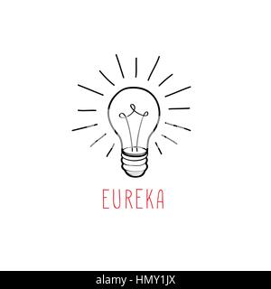 Lamp bulb isolated over white background with handwritten lettering. Great idea icon concept. Doodle line hand drawn sketch illustration Stock Vector