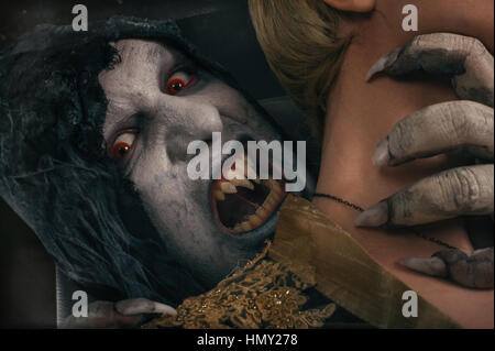 Scary vampire devil biting young woman. Medieval gothic nightmare horror. Studio shoot Stock Photo