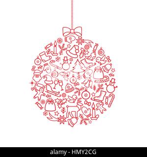 Christmas background. Doodle Christmas holiday greeting card with ball made from chrismas icon design elements. Merry Christmas and Happy New Year dec Stock Vector