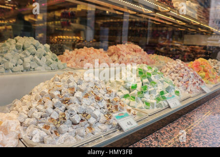 Variety of colorful Turkish delight specialty candies in different flavors in a store window in Turkey Stock Photo