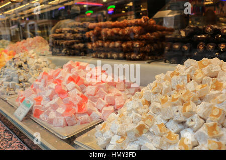 Variety of colorful Turkish delight specialty candies in different flavors on display in a store window in Turkey Stock Photo