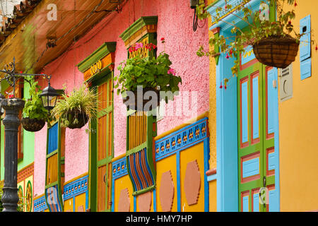 colonial architecture with colorfully painted houses and cobble stone streets Stock Photo