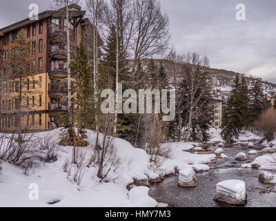 Gore Creek, Vail Village, winter, Vail Ski Resort, Vail, Colorado. Stock Photo