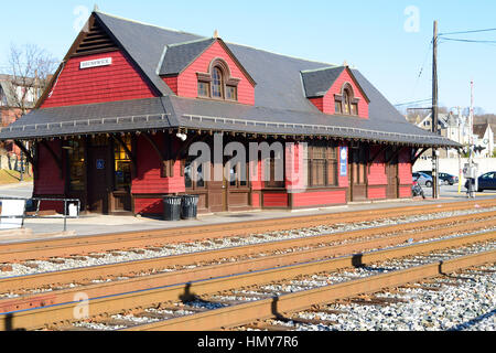 This rural train station is in Brunswick, MD. It is on the MARC Commuter rail line into Washington DC, Red brick bldg is located along the C&O Canal Stock Photo