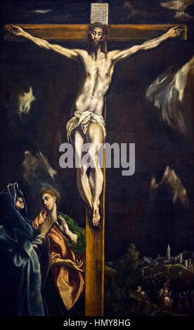 El Greco painting. 'Crucifixion with the Virgin Mary and Saint John the Evangelist' by El Greco (Domenikos Theotokopoulos,1541-1614), oil on canvas, c.1600-1610 Stock Photo