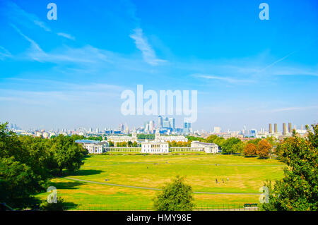 Greenwich Park, National Maritime Museum, Canary Wharf skyscrapers and London skyline on background Stock Photo
