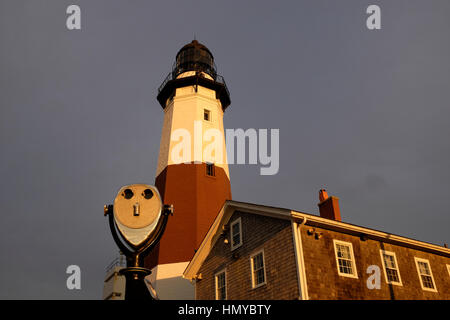 The Montauk Point Light is a lighthouse located at the easternmost point of Long Island, New York, in the hamlet of Montauk. Stock Photo