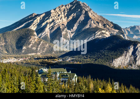 View from Sulphur Mountain down to Banff town, Tunnel Mountain and Cascade Mountain, Alberta, Canada. Stock Photo