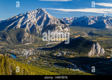 View from Sulphur Mountain down to Banff town, Tunnel Mountain and Cascade Mountain, Alberta, Canada. Stock Photo