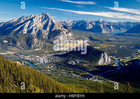 View from Sulphur Mountain down to Banff town, Tunnel Mountain and Cascade Mountain, Alberta, Canada. Stock Photo