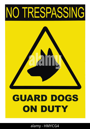 Yellow black triangle No Trespassing Guard Dogs On Duty Text Sign Label, Isolated Macro Closeup Stock Photo