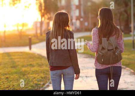 Back view of two friends walking together in a park at sunrise with a warm light in the background