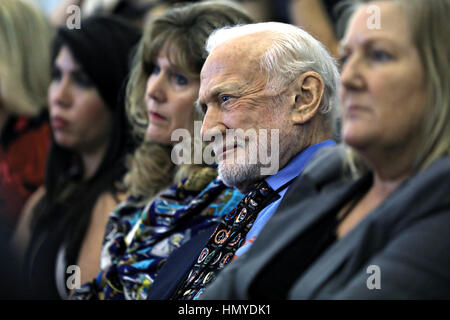 NASA astronaut Buzz Aldrin listens to speakers during the Day of Remembrance ceremony at the Kennedy Space Station Visitor Complex Center for Space Education January 26, 2017 in Titusville, Florida. The ceremony honors astronauts who lost their lives in the quest for space exploration. Stock Photo