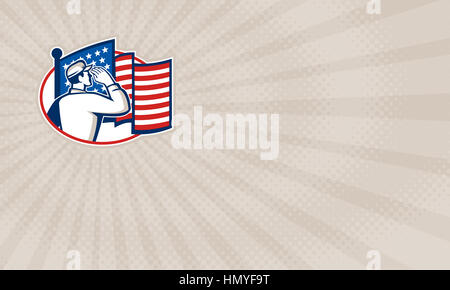 Business card showing Illustration of an American soldier serviceman saluting USA stars and stripes flag viewed from rear set inside oval done in retr Stock Photo