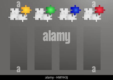 Notice board of four white gradient puzzle pieces are connected. Each of them has one piece of color puzzle above. Stock Vector