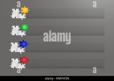 Notice board of four white gradient puzzle pieces are connected. Each of them has one piece of color puzzle above. Stock Vector
