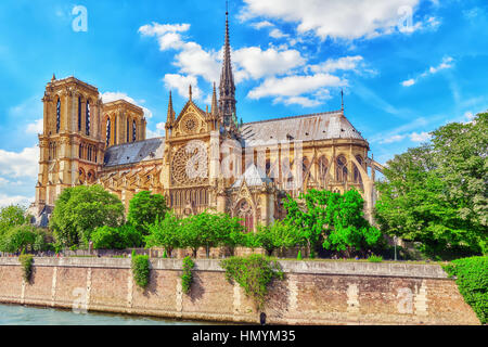 Notre Dame de Paris Cathedral, most beautiful Cathedral in Paris. View from the River Seine. France.
