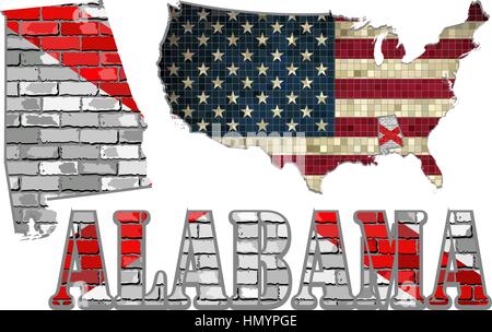 Alabama on a brick wall with USA map - Illustration, Alabama Flag painted on brick wall, Font with the Alabama flag,  Alabama map on a brick wall Stock Vector