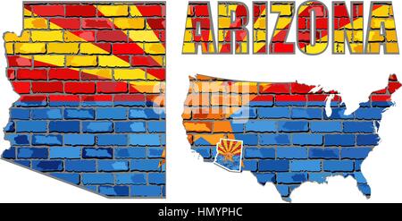 Arizona on a brick wall - Illustration, Arizona Flag painted on brick wall, Font with the Arizona flag,  Arizona map on a brick wall Stock Vector